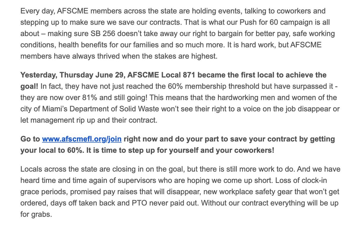 Related: AFSCME Local 871, representing staff of Miami's Department of Solid Waste has just crossed the 60% threshold. First in state, per @AFSCMEFL. The push has brought it to 81% of members paying dues.

Union leaders did tell me they might emerge from this stronger than ever.
