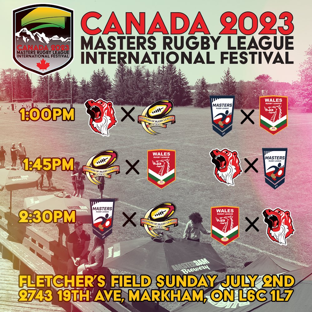 The 2023 International Festival is happening this Sunday July 2nd at Fletcher’s Fields. Part of Canada’s biggest year of Masters Rugby League so far and a perfect time to check out the sport. Come see the Canada Grizzlies take on Australia, Wales and the Club Masters of England!