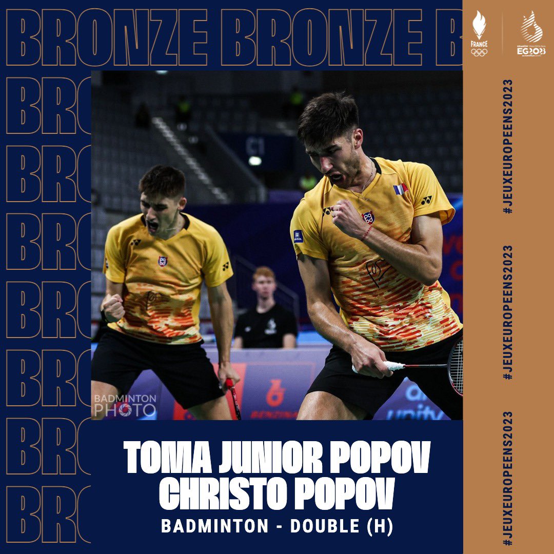 🇫🇷 Les frères Popov en bronze 🏸

Tout comme leurs acolytes féminines, le duo fraternel ramène la 3e place de ces #JeuxEuropeens2023.

 #AllezLesBleus