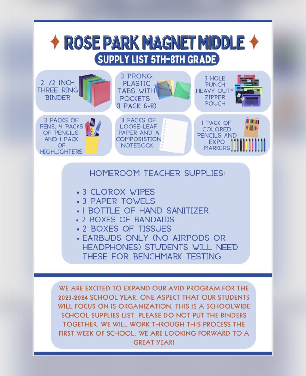 We are so excited to expand our AVID program this year! Check out our school wide school supplies list for the upcoming school year !