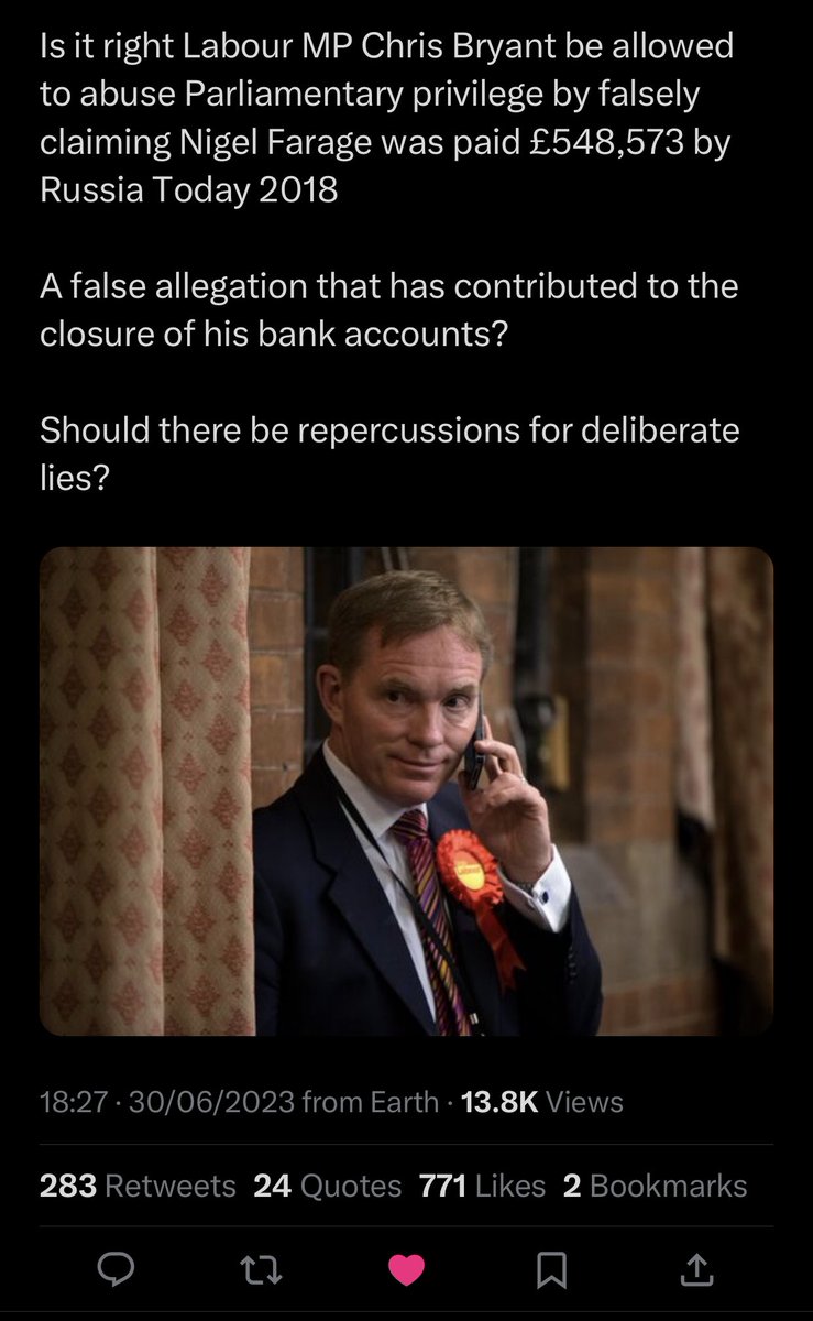 cold957's tweet image. I dare @RhonddaBryant to repeat this accusation outside of parliament instead of being a coward and hiding behind parliamentary privilege.
If it’s true &amp;amp; he can prove it he should have no worries.
Or, if it’s not true he lied to parliament.
And I’m no fan of Farage.