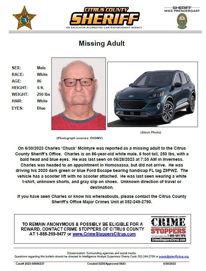 SheriffCitrus's tweet photo. MISSING ADULT CHARLES MCINTYRE https://t.co/vCeCEUaDl7 https://t.co/Vx2rB1gQWe