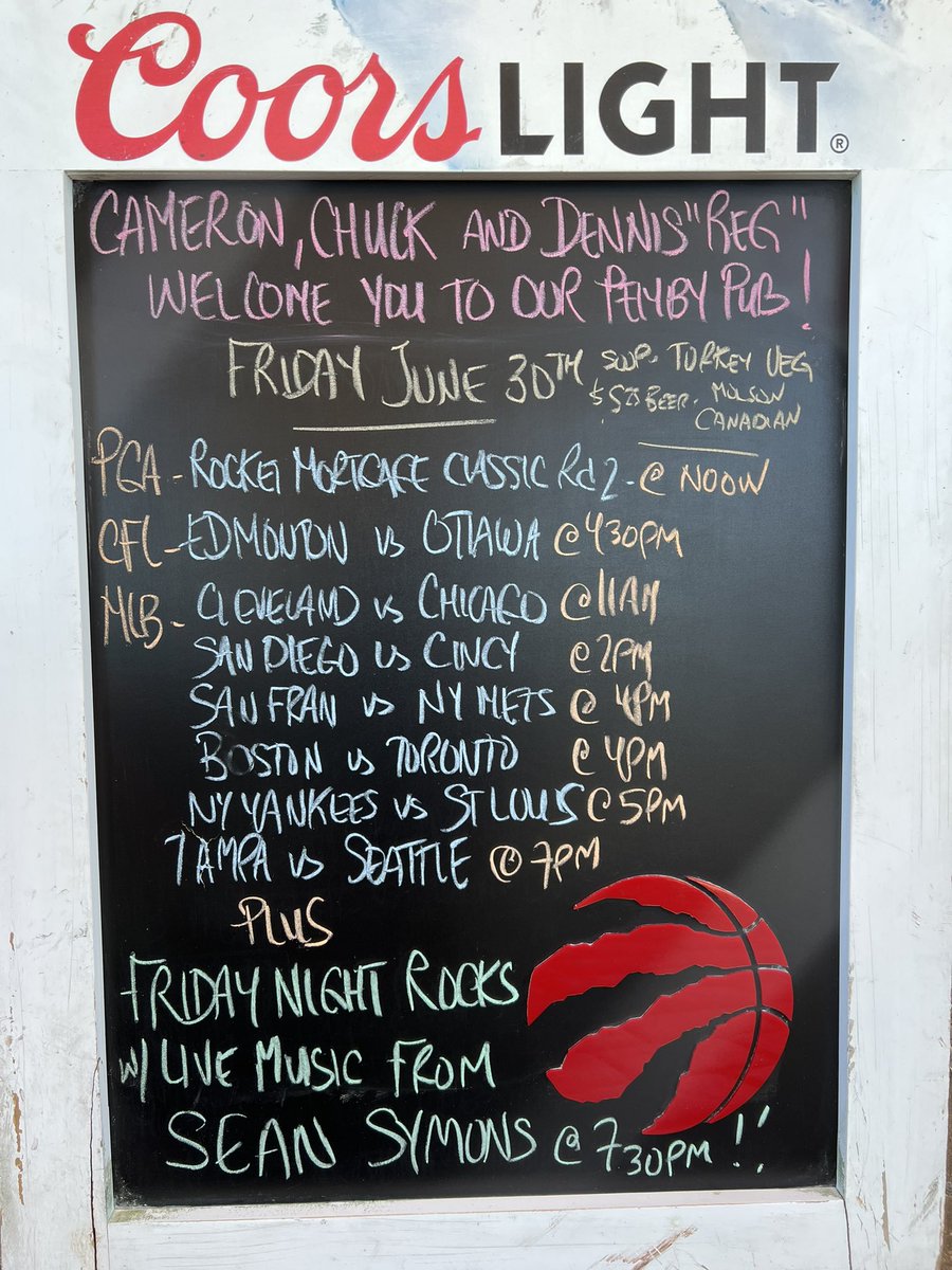 A great day to visit @ThePembyPub today for excellent food, drinks and sports!  Join us for @PGATOUR #RocketMortgageClassic rd 2, @CFL at 4:30pm and @MLB all day with @BlueJays at 4pm & @Mariners at 7pm Sean Symons live at 7:30pm #pembypub #NorthVan #yourteamplaysatthepemby