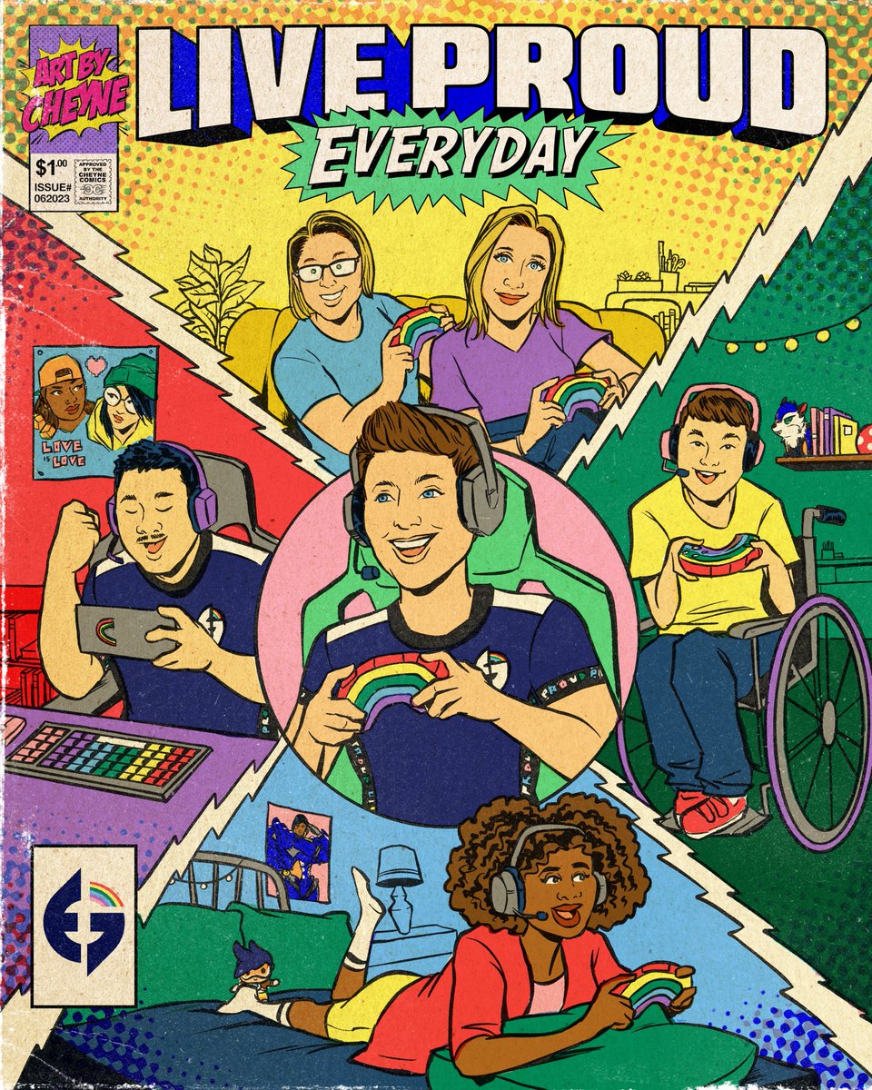 EvilGeniuses's tweet photo. We’re incredibly excited to launch our Queer Artist Series, where we’ll be highlighting and supporting an LGBTQ+ artist every month! #LIVEPROUD

@artbycheyne is known for his comic book style illustrations that crossover with Queer icons. For his EG piece, he created an illustration centered around the gaming community. 💙