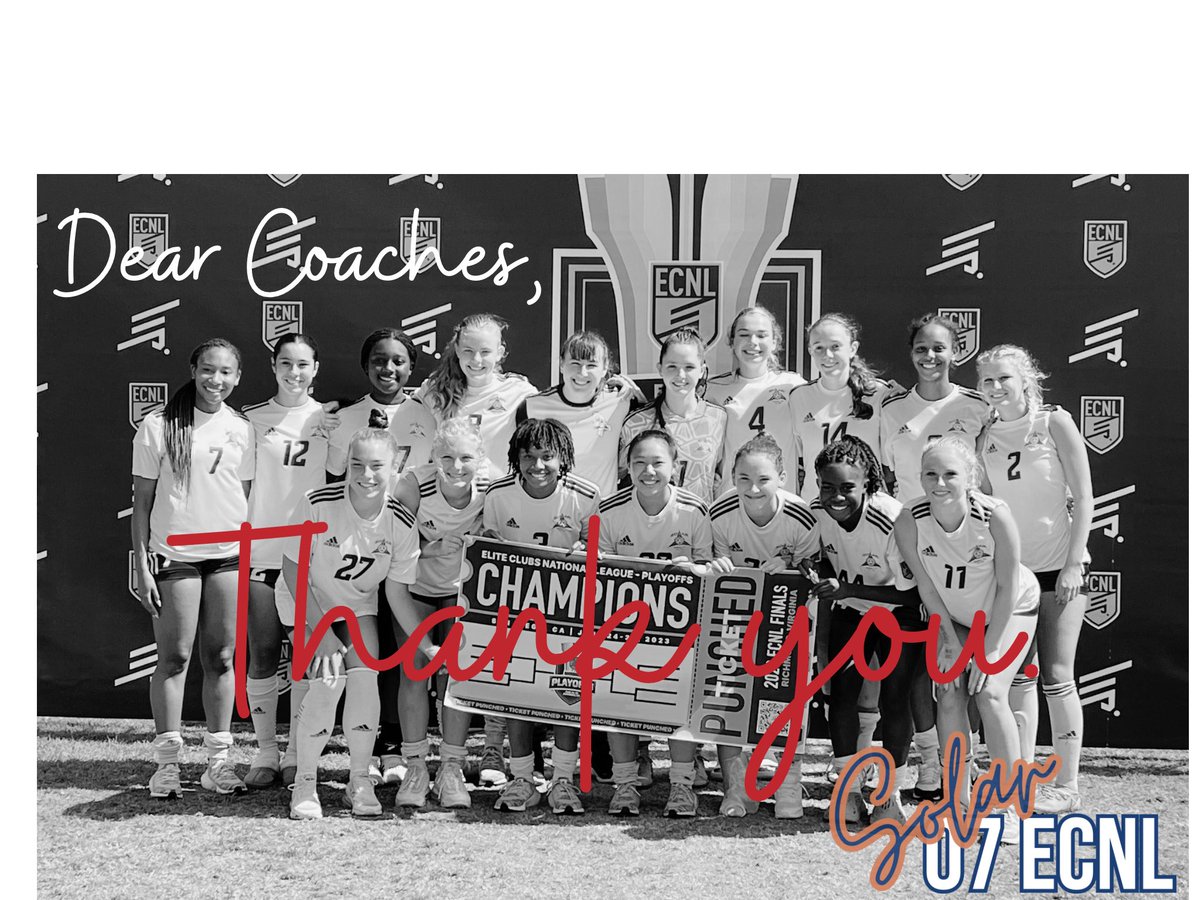 Dear Coaches and <a href="/ECNLgirls/">ECNL Girls</a> , 
Thank you, thank you, thank you! We ❤️ the opportunity to play in front of you! 

Sincerely, 
Solar 07 ECNL

PS - We’ll see you in VA 😉

<a href="/ImCollegeSoccer/">College Soccer Truth ™</a> <a href="/ImYouthSoccer/">ECNL/GA/Recruiting/College Soccer</a> 

4 games
Avg 63 college coaches per game
100 coaches at 1 game