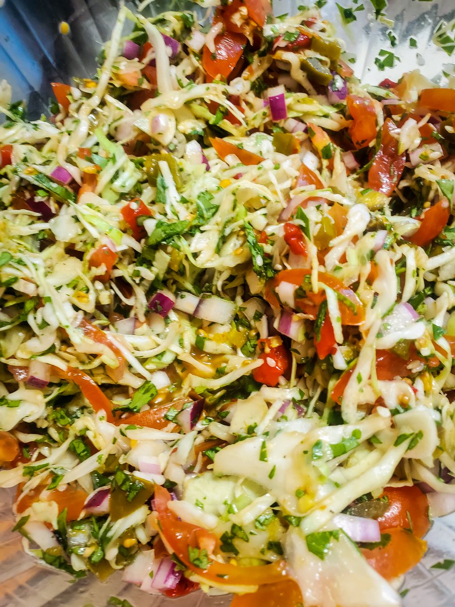 ThatShepDawg's tweet photo. Making some korean-inspired carnitas for dinner tonight. Pork butt is still cooking, so that's hidden for now. But here's the 'slaw'.
Cabbage, mater, pimento, jalepeno, chili crisp, sesame seed, rice vinegar, mirin, lime juice, sugar, lime zest, garlic, onion, soapleaf. https://t.co/NMwGFF9ZUG