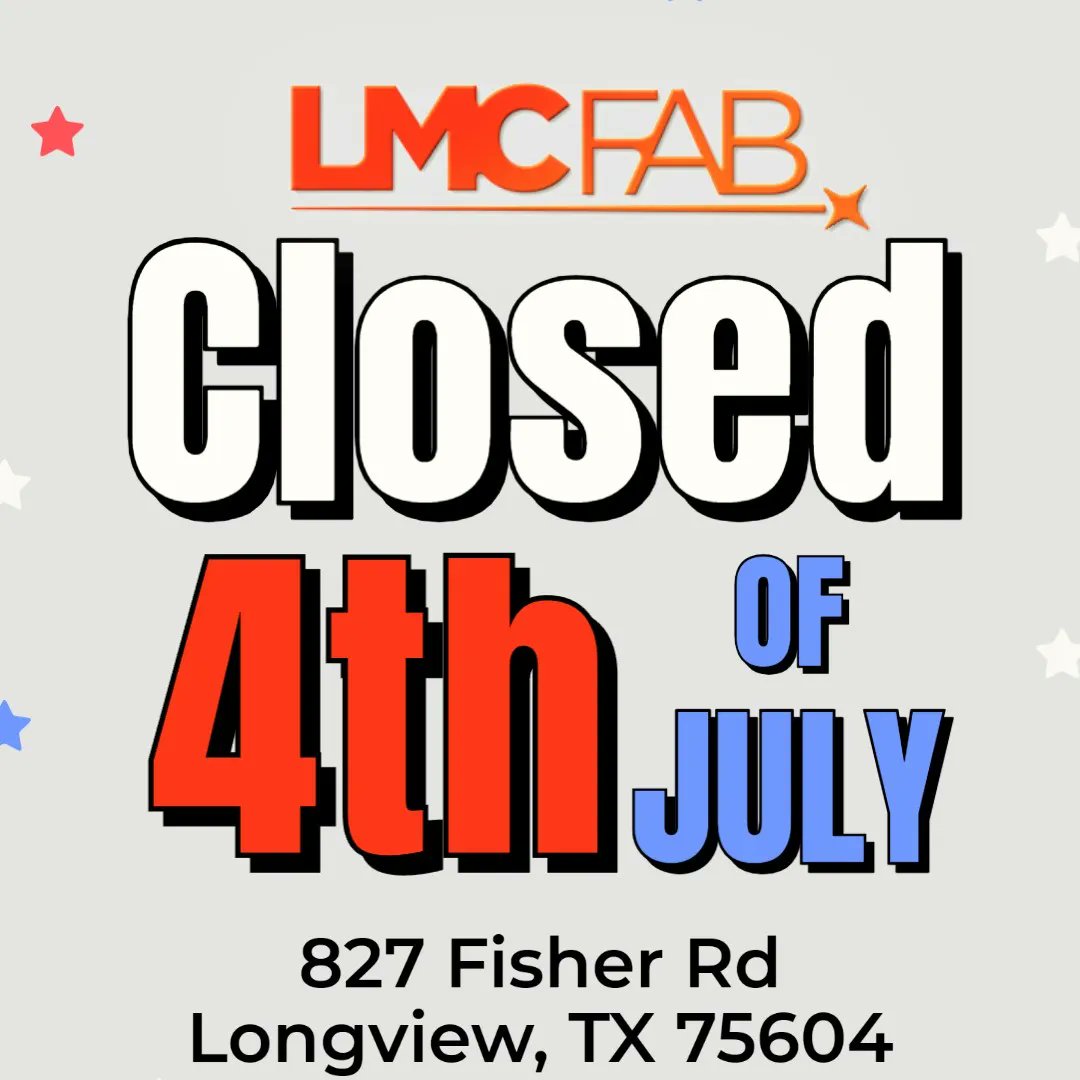 LMCFAB2's tweet photo. We will be closed for business on Tuesday, July 4th, 2023 in observance of Independence Day. Have fun this weekend!

#fabrication #CNC #beams #ibeams #welding #Tig #bending #rolling #laser #plasma #turrett #punched #LaserCutting #Manufacturing #july4th #independenceday #closed https://t.co/kpJ7tWZMpg