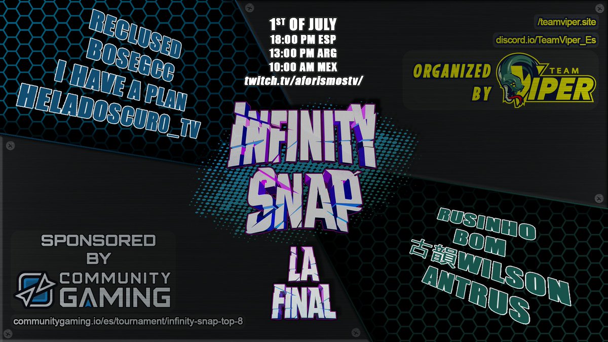 Llego el gran día!!. Mañana es la GRAN FINAL de nuestro torneo Infinity Snap patrocinado por <a href="/CGaming_LatAm/">Community Gaming LatAm</a>, todo el top 8 ser casteado por  <a href="/AforismosTV/">AforismosTV</a> <a href="/PeluchonTTV/">El Peluchon</a> <a href="/Batmesa_/">Batmesa</a>

TWITCH 
twitch.tv/aforismostv
twitch.tv/elpeluchon 

Sábado 1 de julio 10:00AM 🇲🇽

#TeamViper 🐍