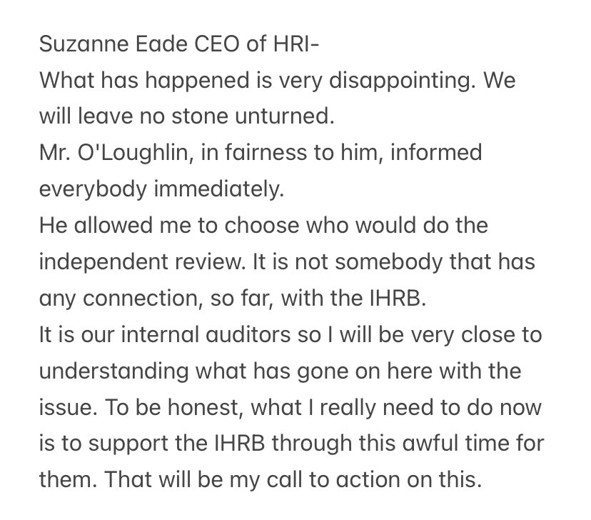 Minnie1602's tweet photo. This beggars belief -
So the head of HRI was allowed to choose their own internal auditors to do the ‘independent’ review of IHRBs ‘independent’ review!? https://t.co/K51zpDWamm