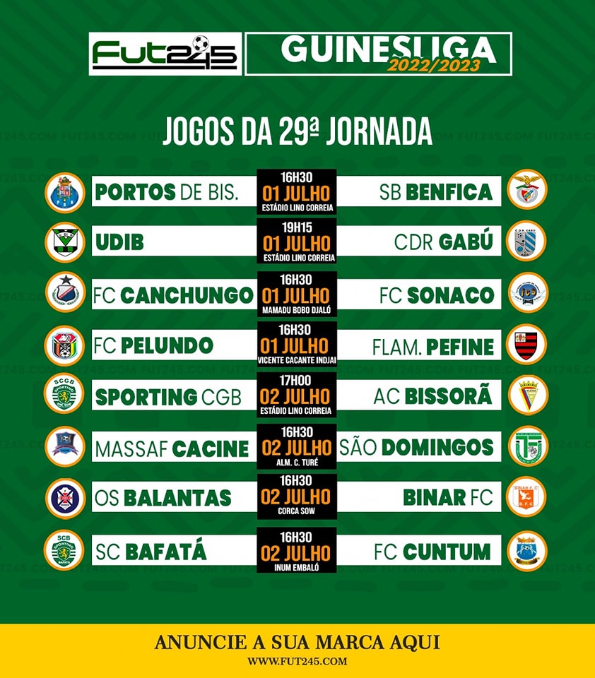 245Fut's tweet photo. 🏆 GUINES-LIGA 🇬🇼 2022/2023
➡️ JOGOS DA JORNADA 29

#GUINESLIGA2022_2023 #FUT245 #CAMPEONATONACIONALGB https://t.co/ggHDdaGILD