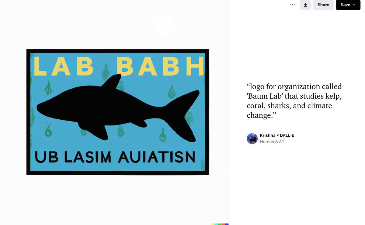 Kristina Tietjen (@tietjenk) on Twitter photo I thought I had the brilliant idea of having AI make a logo for the <a href="/baumlab/">Dr. Julia K. Baum</a> and for our Blue Carbon Canada project. Graphic designers.... don't worry... your job is secure. Enjoy this thread on your Friday!
1 word correct, maybe could be a license plate
Rating = 5/10 I thought I had the brilliant idea of having AI make a logo for the <a href="/baumlab/">Dr. Julia K. Baum</a> and for our Blue Carbon Canada project. Graphic designers.... don't worry... your job is secure. Enjoy this thread on your Friday!
1 word correct, maybe could be a license plate
Rating = 5/10