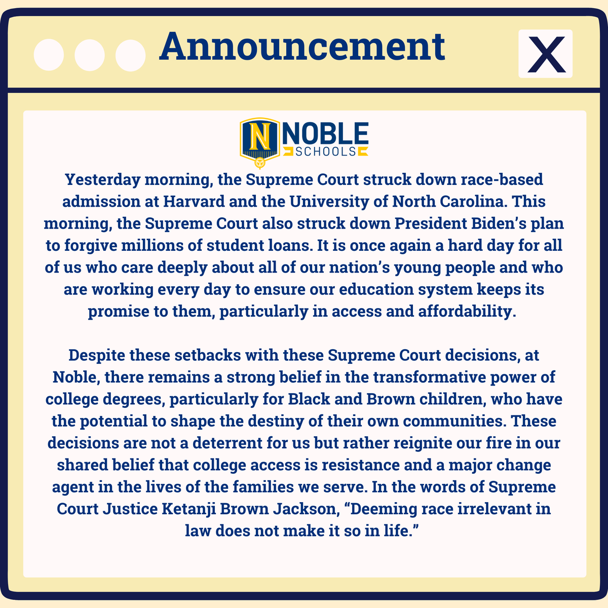 BeNobleSchools's tweet photo. At Noble, our families’ greatest aspirations are that their children will attend and graduate from college. The Supreme Court decisions in the last two days are a slap in the face to all parents who want what is best for their children in America. https://t.co/7KasZHVtBE