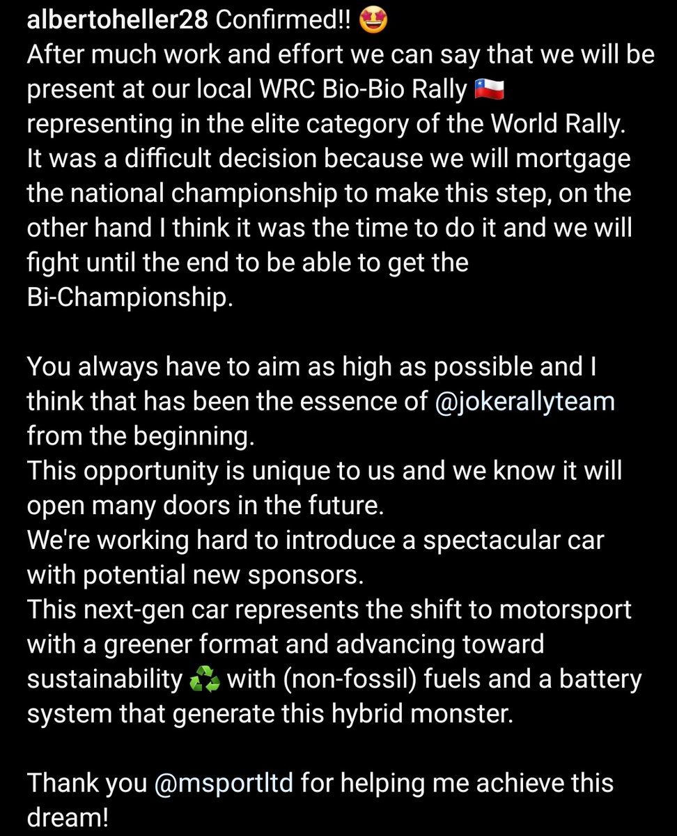Breaking 🚨

Alberto Heller confirms he will be competing in the upcoming Rally Chile 🇨🇱  in an M-Sport Puma Rally1 !

#RallyChileBioBio #WRC