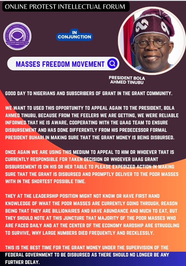 We want to used this medium to officially draw the attention of Mr President &amp; call on him to please do everything possible to ensure that UAAG Grant is delivered to the poor masses.

We can not have Grant money to that magnitude while Nigerians are dying of hunger.
<a href="/officialABAT/">Bola Ahmed Tinubu</a>