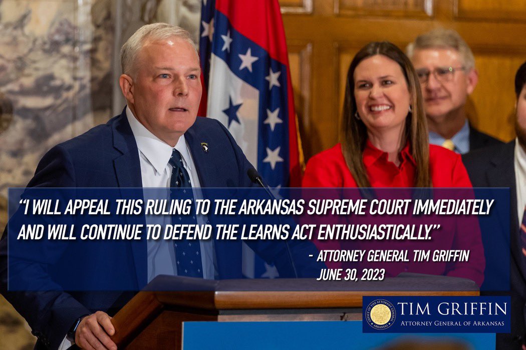I will appeal today's ruling by the Sixth Judicial Circuit Court to the Arkansas Supreme Court immediately and will continue to defend the LEARNS Act enthusiastically. tinyurl.com/3zxmksfr #arpx #arnews #arleg