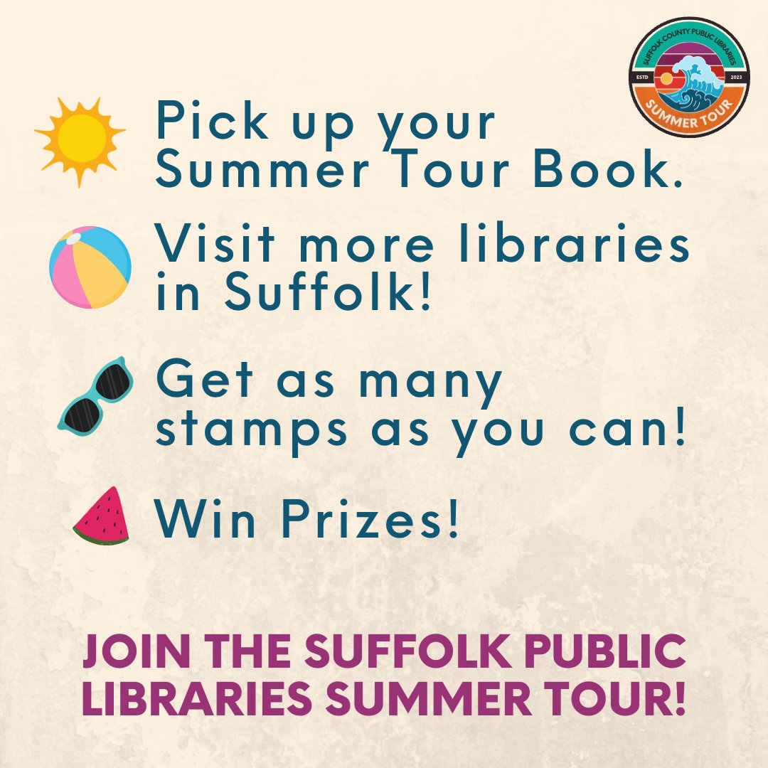 Escml's tweet image. It&apos;s the first day of Suffolk Libraries&apos; Summer Tour! 😎 

Stop by the library to pick up a booklet, get stamped at each library you visit, and be entered to win prizes!

All ages are welcome to join in the fun!

#SuffolkLibraryTour #SummerLibraryTour23 #LibraryTwitter @livebrary