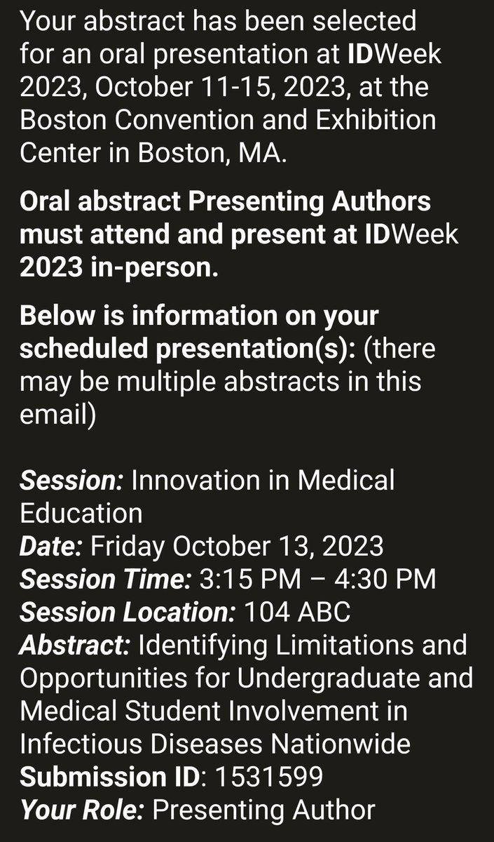 #IDTwitter Our abstract was accepted for oral presentation at #IDWeek2023 @IDWeek2023 in Boston, MA. Looking forward to talking about ID involvement at the undergrad/medical school levels. My first ever oral presentation!

Thanks to @IDSAInfo @PIDSociety @HIVMA @SHEA_Epi