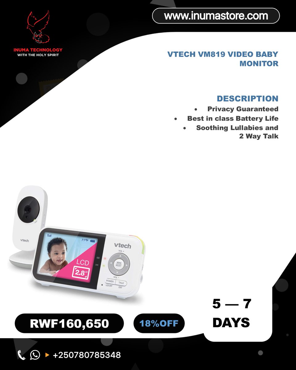 InumaTechnology's tweet image. #RwOT 
Everything you need for peace of mind.

Meet VTech  Baby Monitor. 

You can easily monitor your baby throughout the night with up to 19 hours of video streaming.

You can order it from Amazon.com at inumastore.com. Delivery is within 5–7 days.