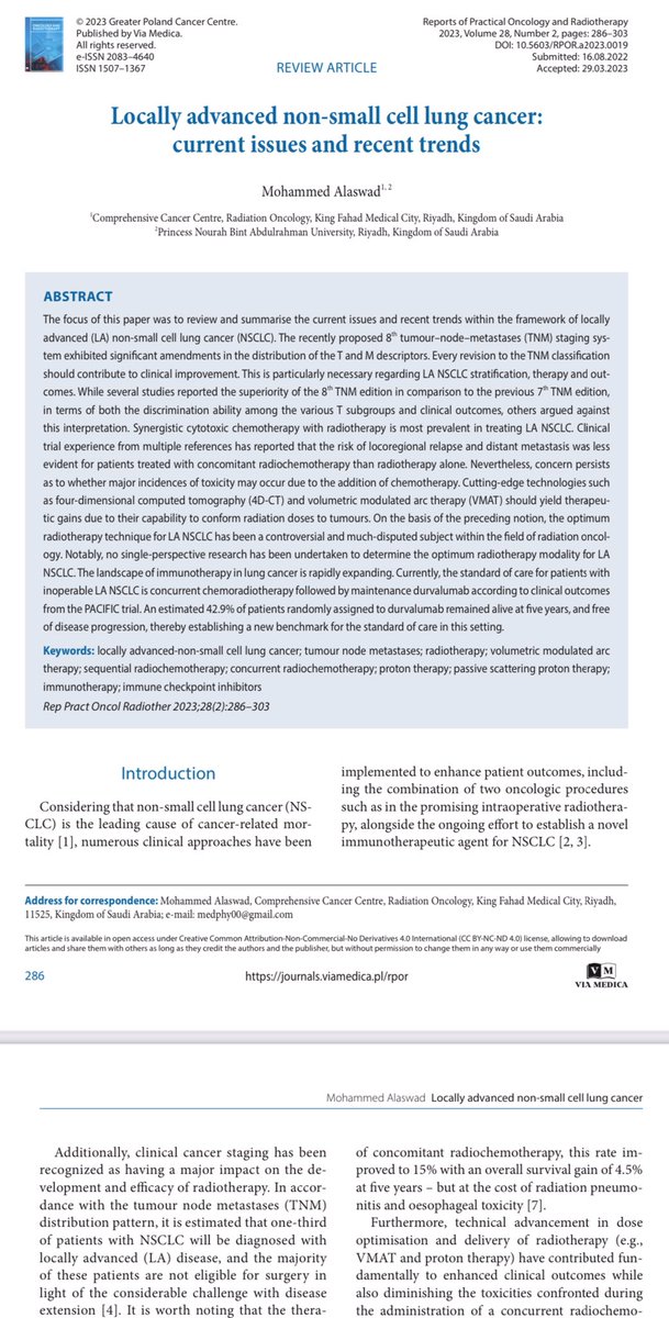 لله الحمد والمنه…
تم نشر ورقتي العلمية متطرقا لاحدث المعالجات الحديثة في الطب المبني على البراهين لسرطان الرئة المتقدم، نأمل أن يكون مصدر إلهام ومعرفة للجميع.

So delighted to share my recent scientific contribution

journals.viamedica.pl/rpor/article/v…