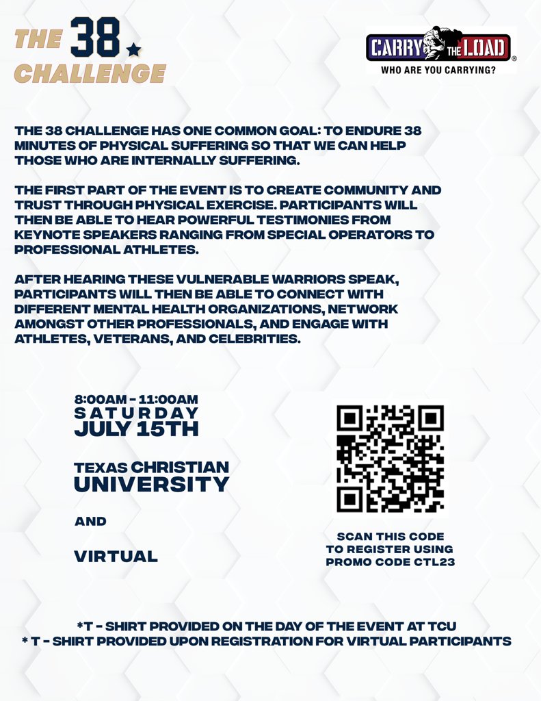 Join our #CarryTheLoad team as we support <a href="/the38Challenge/">The 38 Challenge</a> at Amon Carter Stadium on July 15!

Common goal: endure 38 minutes of physical suffering, so we can help those who are internally suffering

Registration link: classy.org/team/504203