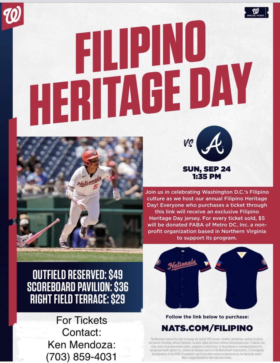 Message me for tickets to avail the free Philippines inspired Nationals Jersey. 

Hosted by FABA DC for the third year in a row to promote our heirtage and culture in-front of tens of thousands fans in the Metropolitan DC area. 

#filipinoheritageday #natspark #nationals #FABA