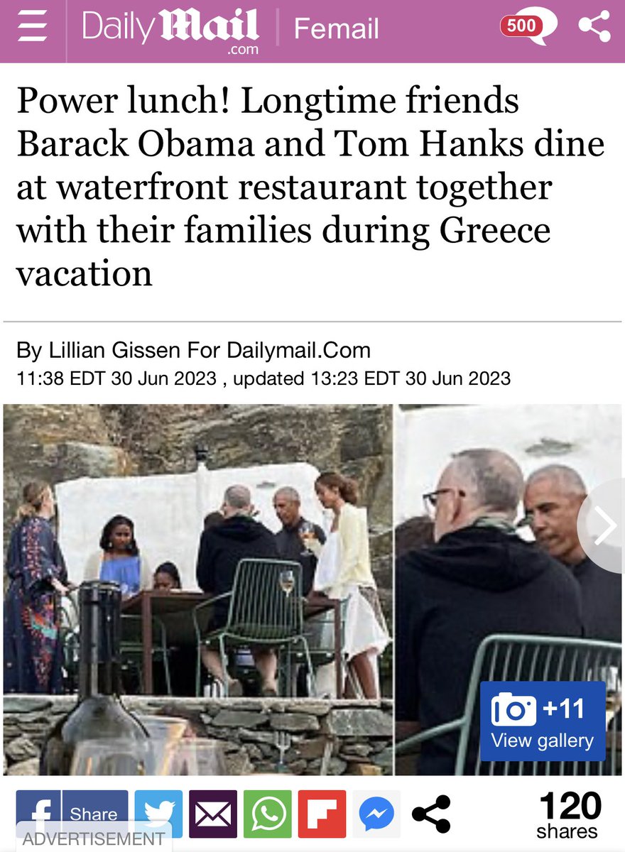 LizCrokin's tweet photo. Tom Hanks and Barack Obama were spotted dining together in Greece. Never forget:

- Sarah Ruth Ashcraft accused Hanks of raping her at the age of 13-years-old. 

- Isaac Kappy exposed Hanks as a pedophile and then “committed suicide” on Route 66 after Hanks posted about roadkill on Route 66. 

- Hanks did a perverted skit on Jimmy Kimmel calling a child a “sexy baby”. 

- Barack Obama ordered $65K in pizza and hotdogs for a private party at the White House. 

Birds of a feather…