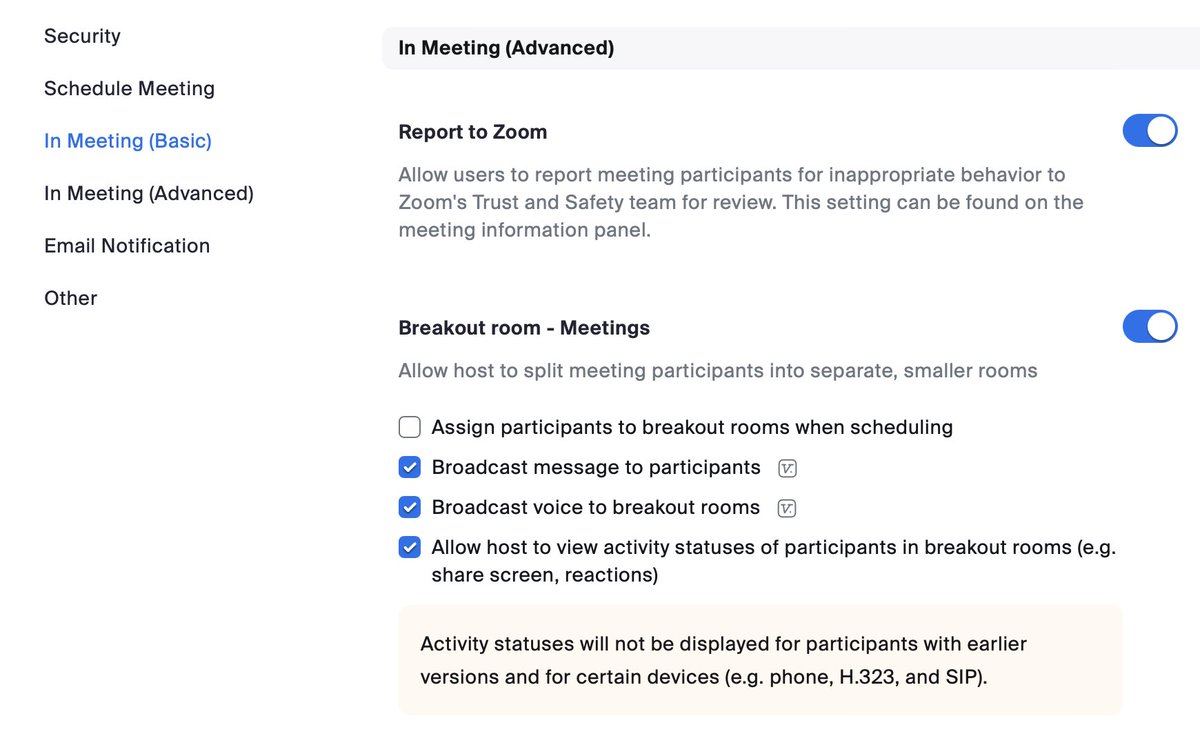 JamieBGall's tweet photo. There is feature hidden away inside Zoom. The host can see who is unmuted &amp; who is speaking in breakout rooms. I use it to see how active a room is, and which might need extra help

To enable go to Zoom settings: In Meeting (advanced) > Breakout Room > Allow host to view activity https://t.co/hKUX1saN46