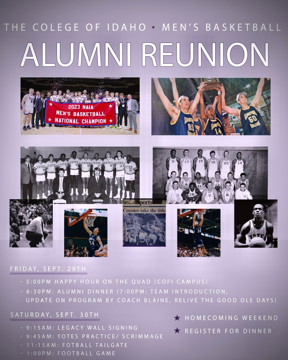 The College of Idaho Mens Basketball will be hosting an ALUMNI REUNION during Homecoming week, Sept. 29-30!

We encourage ALL former Yote Players/Coaches to join us! 🏀🟣🟡

RSVP if you can make dinner on Friday, Sept. 29th:

alumni.collegeofidaho.edu/e/men-s-basket…

Spread The Word! <a href="/YotesHoops/">College of Idaho MBB</a>