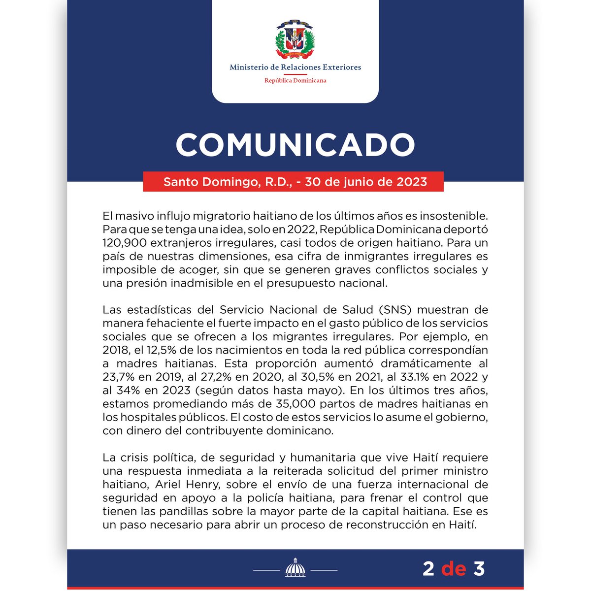 MIREXRD's tweet photo. Compartimos el comunicado en respuesta al Sr. William O’Neill sobre la repatriación de inmigrantes haitianos irregulares. 

🌐 Más información 🔗 https://t.co/RzehjFPMkS

#MIREXRD https://t.co/L8USfsL4oa