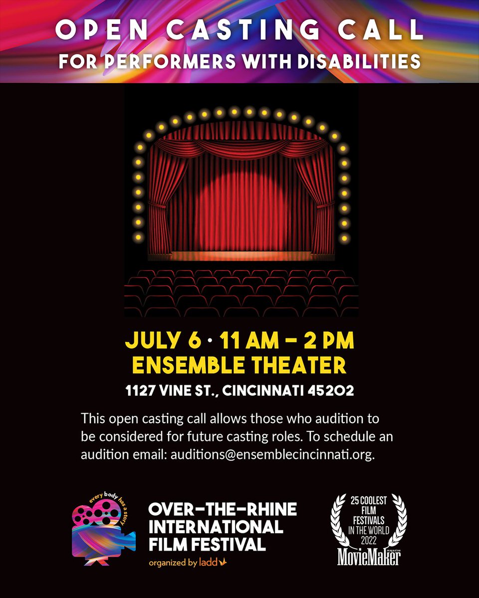 The Over-the-Rhine International Film Festival (OTR Film Fest) is bringing an opportunity for aspiring actors to be seen during this year’s Film Festival. Auditions are by appointment from 11 am-2 pm. Schedule an audition by contacting auditions@ensemblecincinnati.org