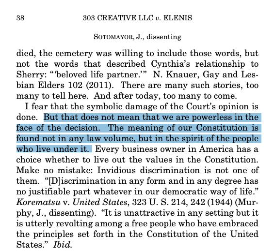 DannyYLi's tweet photo. @mjs_DC  Sotomayor's dissent in 303 Creative today also takes aim at judicial supremacy: https://t.co/87iimBIkVS