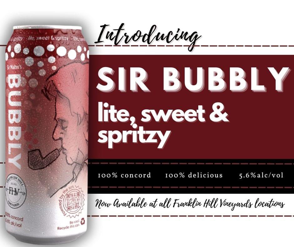 We've taken everything you love about Sir Walter's Red, added bubbles and put it in a convenient can. Now available at ALL Franklin Hill Vineyards locations, Social Still, The Shoppes at American Candle, and Beer Zone & Eatery with more locations to come! Sip, savor and repeat!