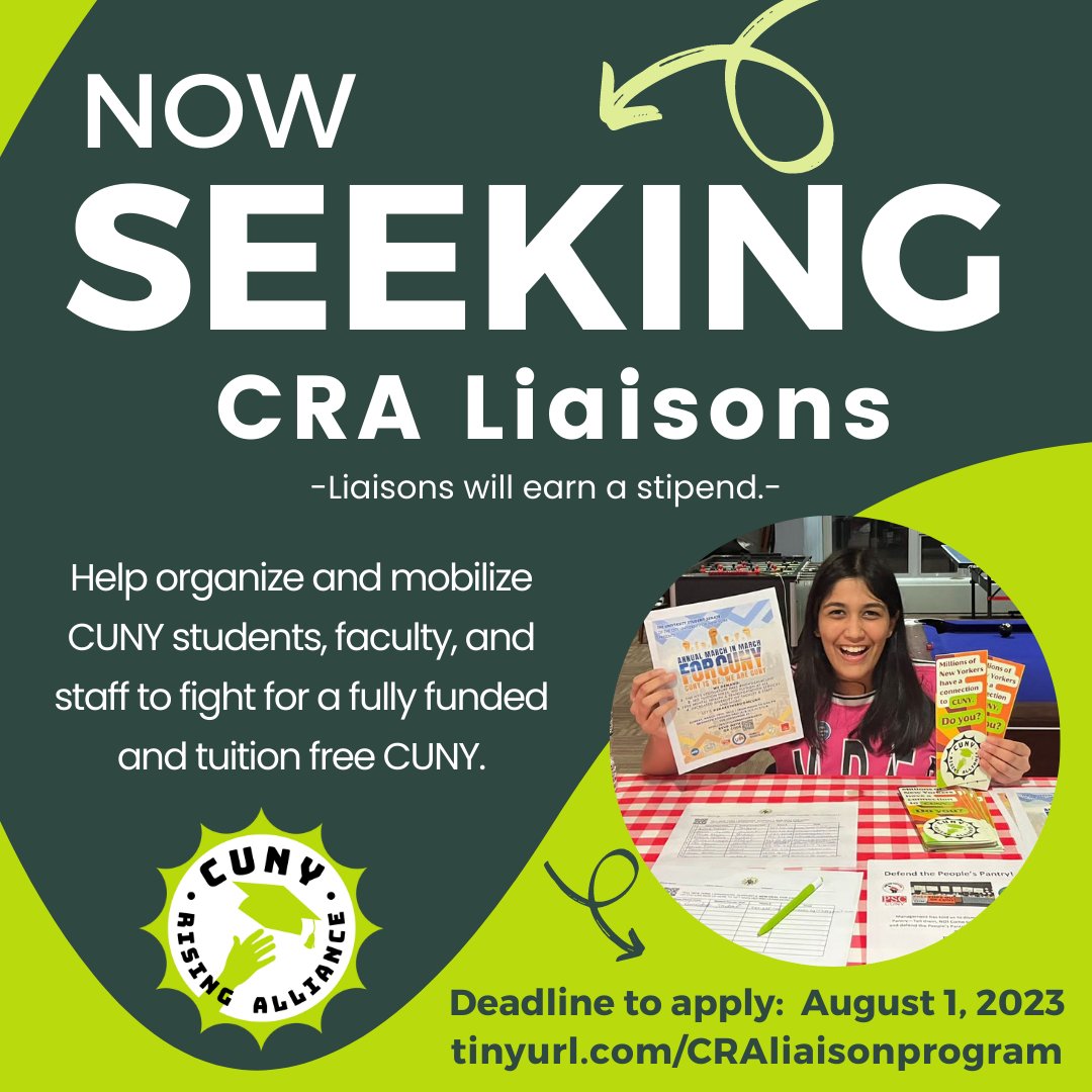 CUNYRising's tweet photo. We are proud to announce our next cycle of the Campus Liaison Program for Fall Semester 2023!
Please visit https://t.co/cj6S6rkSxL for more information.
Deadline is August 1st. #CUNYstudents #CUNYfaculty #CUNYstaff #CampusOrganizing #CUNYlife https://t.co/CM3ACKkpwJ