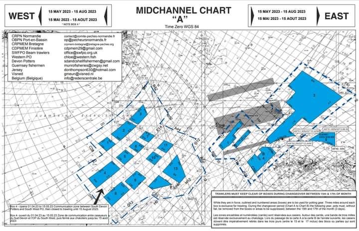 **MID CHANNEL BLOCKS**

There is crabbing gear in Chart A.

Vessels visiting the English Channel  please be aware of the Mid Channel Blocks; a 50 year old  international agreement between fishermen.

Find out more  shellfishermen.org