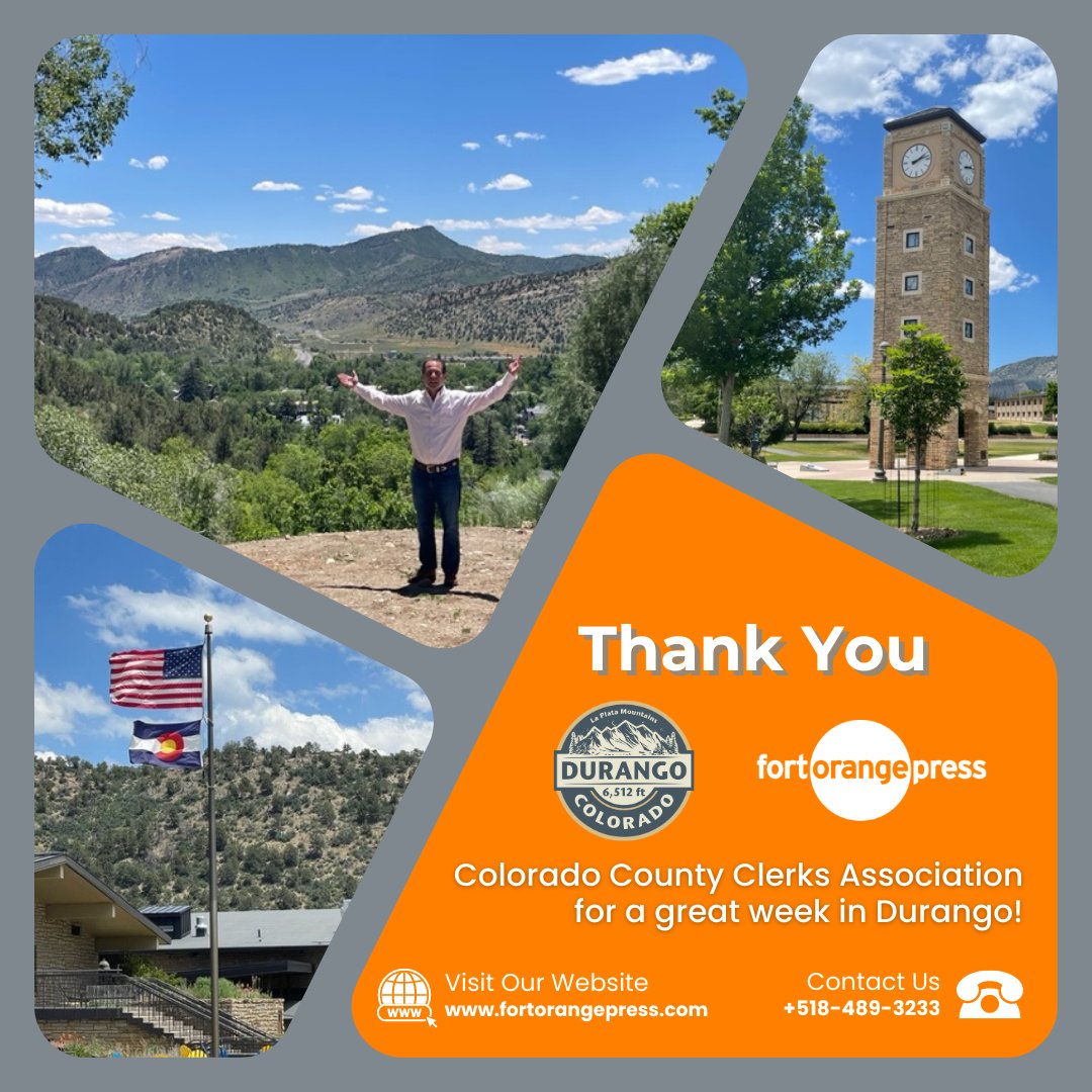 FortOrangePress's tweet photo. Our election team had a great time taking in all of the beautiful sights and sounds of Durango for the 2023 Colorado County Clerks Association Summer Conference. #electionpartner #elections #printandmail https://t.co/XFGcEc2d03