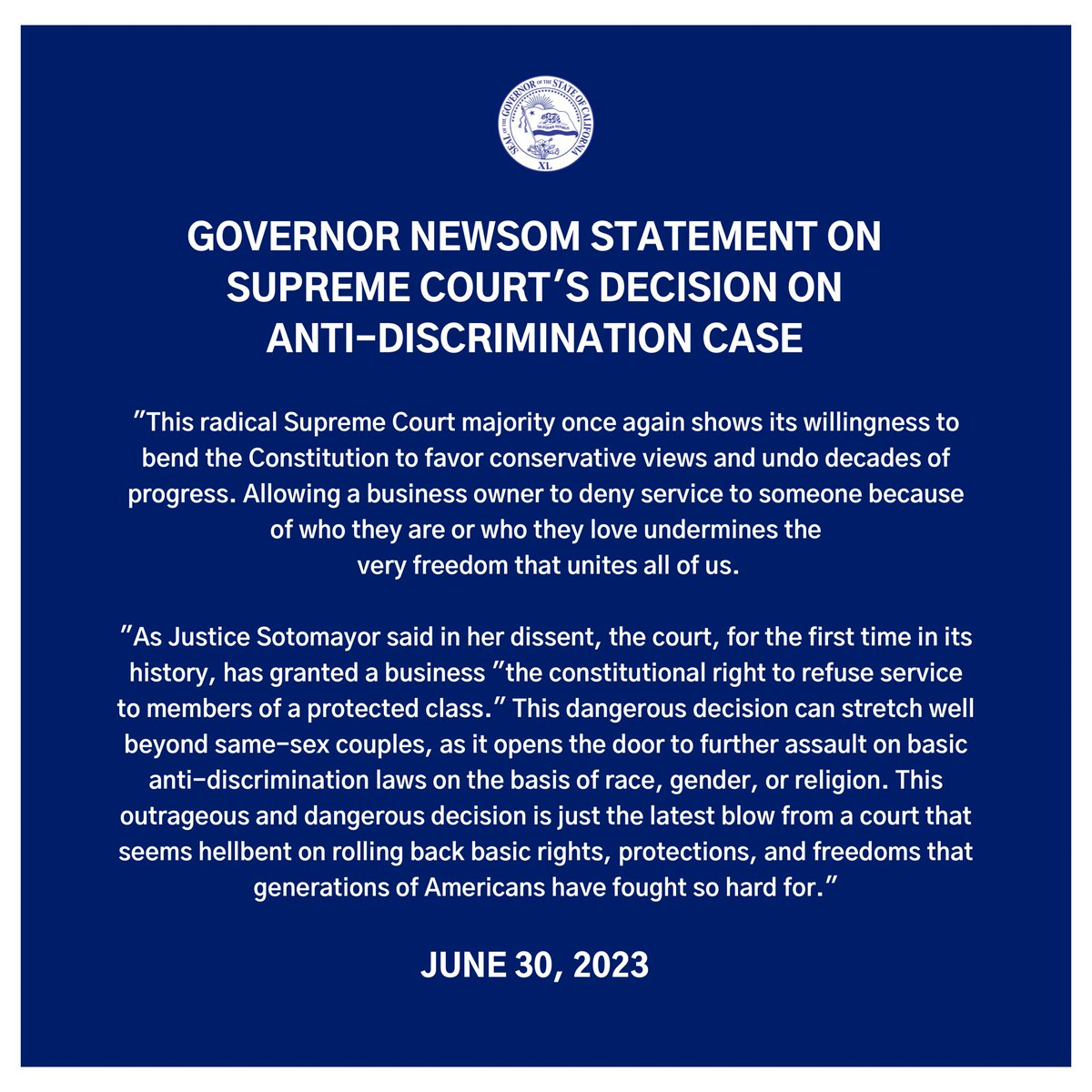 Allowing a business owner to deny service to someone because of who they are or who they love undermines the freedom that unites all of us. This outrageous & dangerous decision is the latest blow from a court that seems hellbent on rolling back rights, protections, & freedoms.