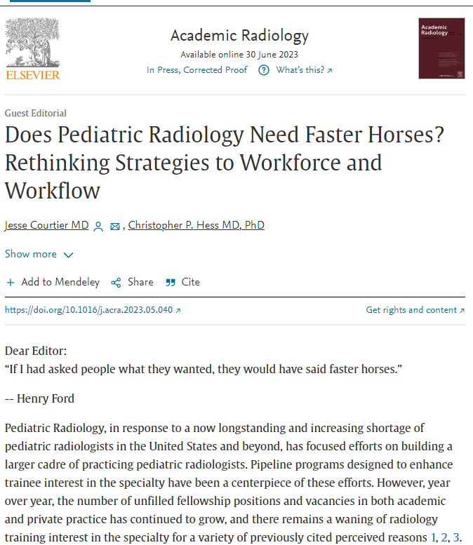 Excited to share this @AcadRadiol Guest Editorial co-authored with my @UCSFimaging Department Chair @NeuroDx where we discuss new ideas for workforce and workflow in #pediatricradiology . @ucsfpedrad authors.elsevier.com/a/1hL7Y3qp4qpt…
