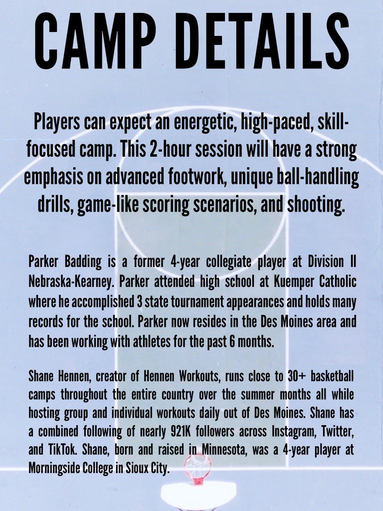 Parker Badding (@parkerbadding) on Twitter photo IOWA HOOPERS ‼️🏀
I’m teaming up with <a href="/Hennen_Workouts/">Shane Hennen</a> to host a basketball skills camp in Carroll on Thursday, July 20th!
Registration starts now! Email pbadding@gmail.com with your name & incoming grade to reserve your spot!
Let’s get to work 🤝🏼 IOWA HOOPERS ‼️🏀
I’m teaming up with <a href="/Hennen_Workouts/">Shane Hennen</a> to host a basketball skills camp in Carroll on Thursday, July 20th!
Registration starts now! Email pbadding@gmail.com with your name & incoming grade to reserve your spot!
Let’s get to work 🤝🏼