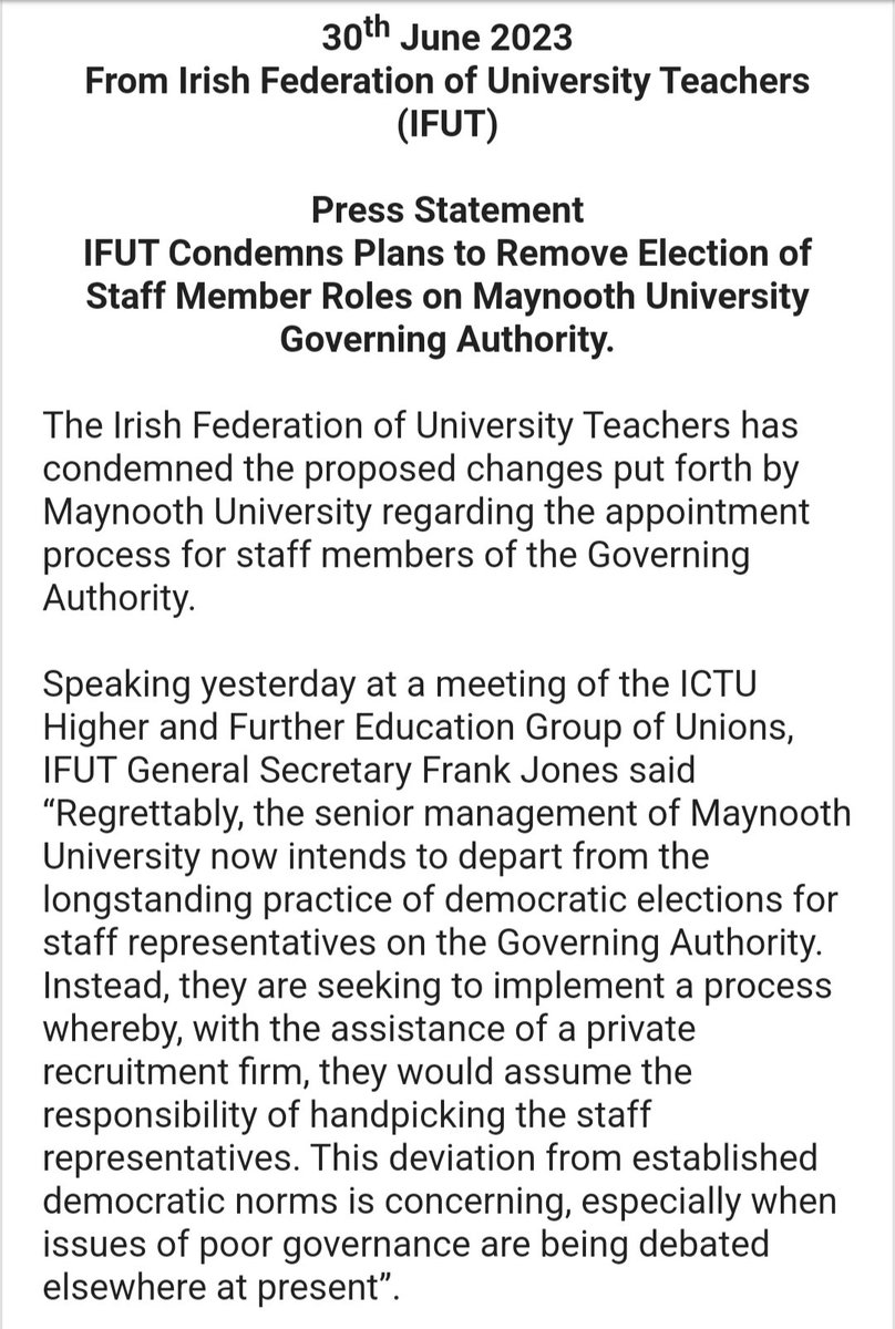 <a href="/ifut/">IFUT</a> 

30th June 2023

From Irish Federation of University Teachers (IFUT)

Press Statement

IFUT Condemns Plans to Remove Election of Staff Member Roles on Maynooth University Governing Authority: 1/2