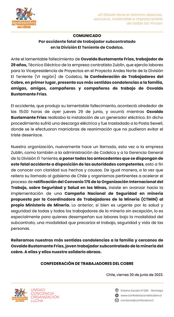 ConfeCobre's tweet photo. #ComunicadoCTC por accidente fatal de trabajador subcontratado en la División #ElTeniente de @Codelco. https://t.co/9oyx7Xgt0i