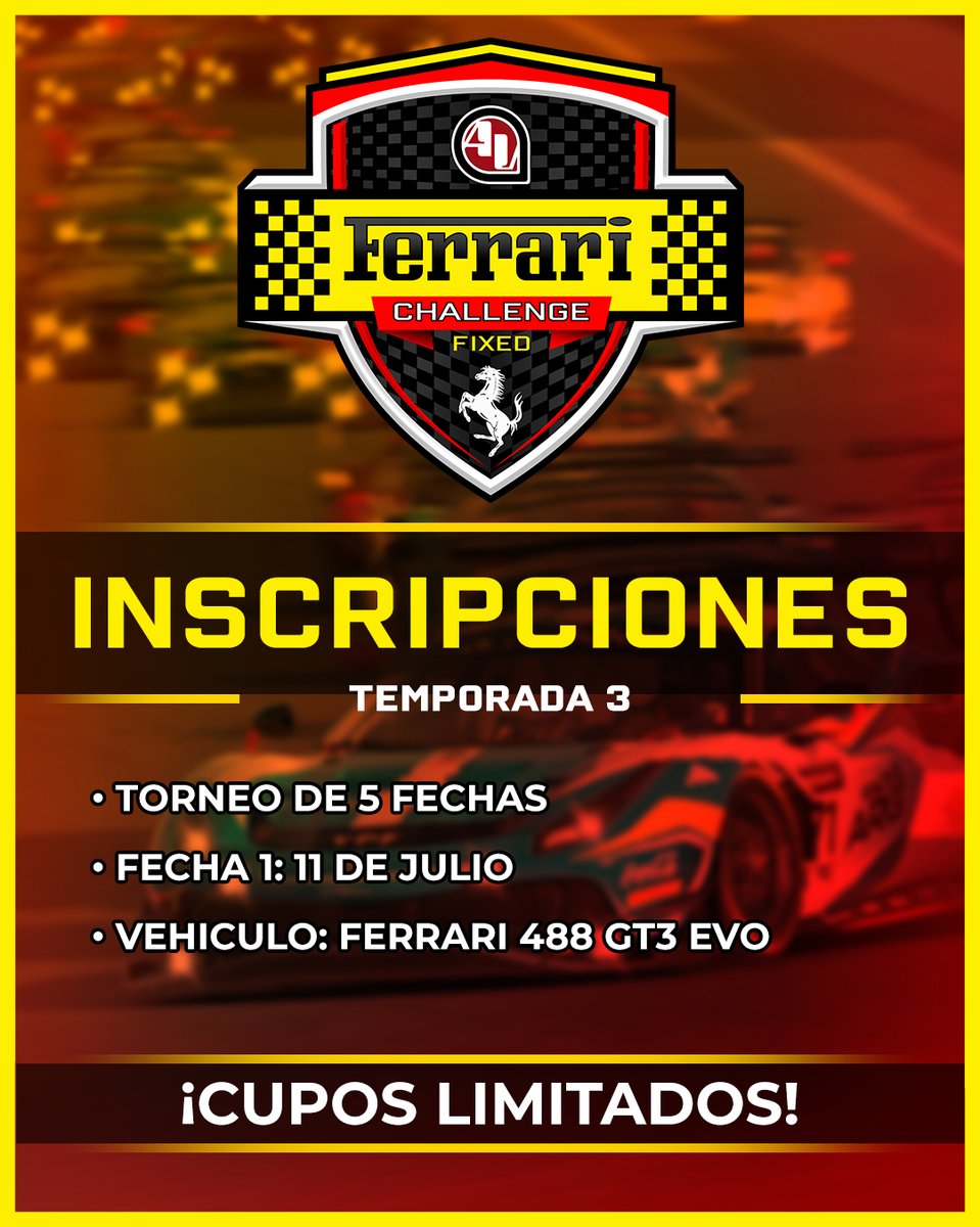 INSCRIPCIONES TORNEO DE FERRARI FIXED ABIERTAS! ¿TE LO VAS A PERDER? 🔥 📷4 circuitos de contenido pago + 1 circuito base. 📷5 fechas con una de descarte. 📷 Link de inscripción aquí!

- discord.gg/R3kKXc4jct