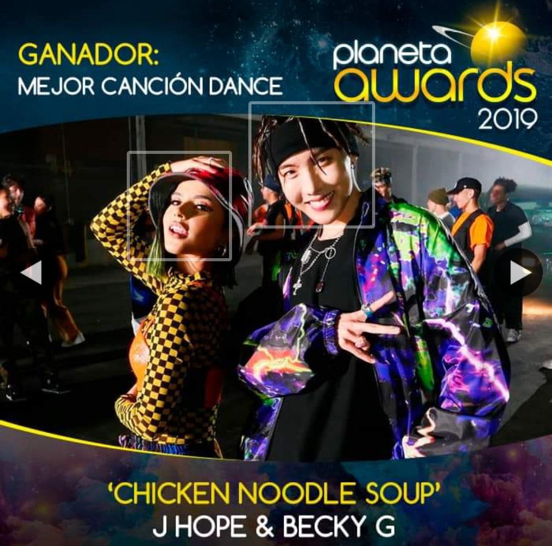 Jacktohope's tweet photo. 🏆 08.02.20 Planeta Awards 2019 (Peru 🇵🇪)

"j-hope ft. Becky G - Chicken Noodle Soup" won the ‘Best Dance Song’ award at the Planeta Awards in Peru!  
Held by Peruvian Radio @Planeta107FM https://t.co/ZdE9kTrkUM