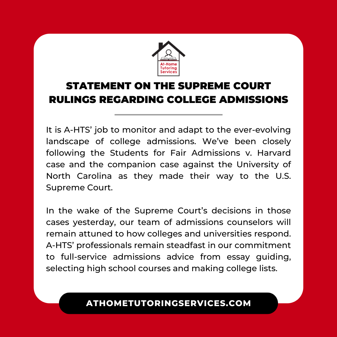 At Home Tutoring Services® official statement regarding the Supreme Court rulings regarding College Admissions. Please read below. 
.
.
.
#CollegeAdmissions #AHTS #SupremeCourt #SupremeCourtNews #CollegeNews #AtHomeTutoringServices #CollegeApplications
