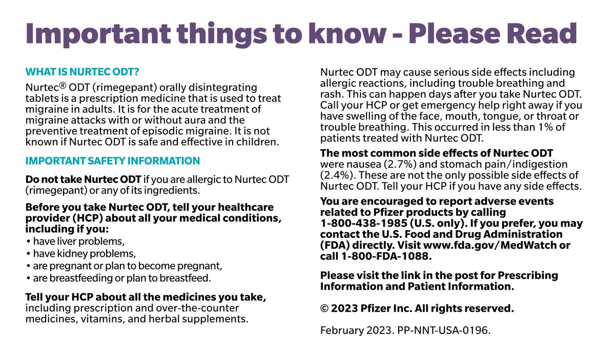 Please see Full Prescribing Information: bit.ly/3YChh3Z
Please see Full Patient Information: bit.ly/3xbeMtR 
Talk to your doctor about #NurtecODT, the ONLY migraine medication approved to treat and prevent, all in one. Please see Important Safety Information