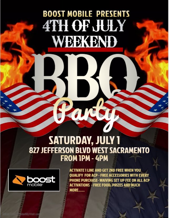 #Sacramento Who wants a new phone or new accessories? We have deals all day on July 1st & a bbq going on, plus AC inside! Come on down! #westsacramento #BOOST #newphonewhodis #BBQ #Happy4thofJuly #boostmobile