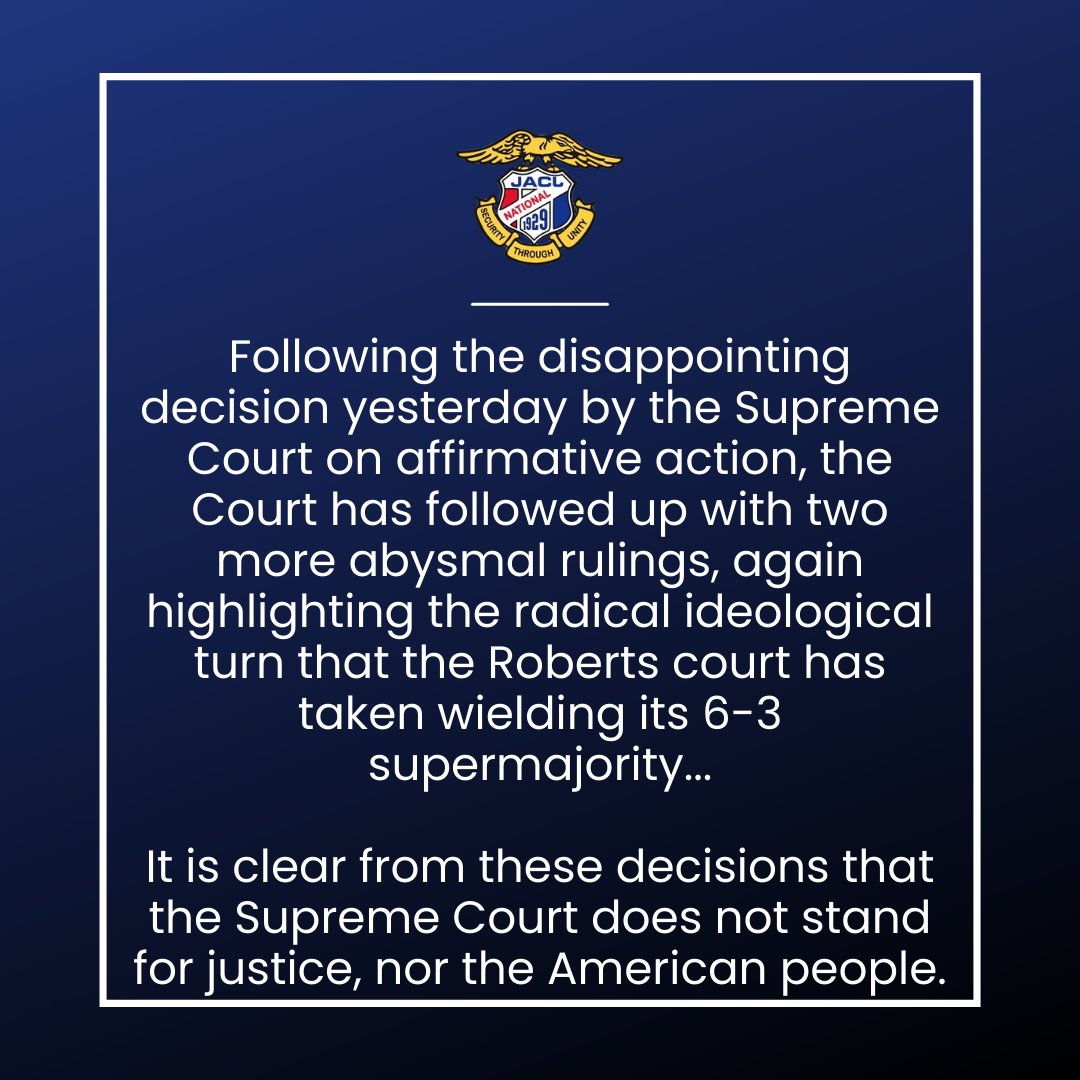 Today, the Supreme Court made two more deeply problematic and radical rulings, trampling the rights of LGBTQIA+ individuals and striking down President Biden's student debt cancellation plan. Please read our full statement on today's decision here: jacl.org/statements/jac…