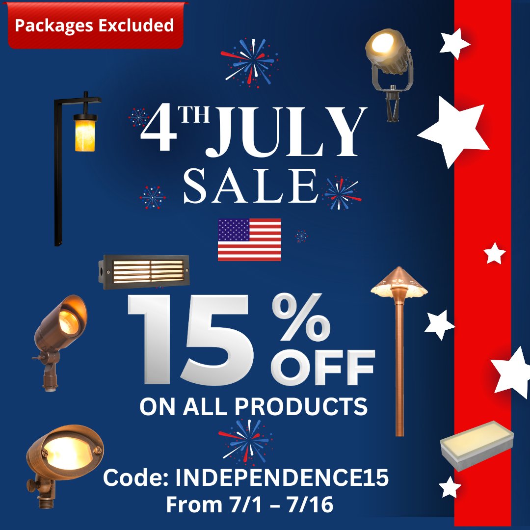 4th of July Sale

15% off all products from 7/1 – 7/16
Code: INDEPENDENCE15

#southernliving #outdoorlighting #spotlight
#gardendesign  #california
#sandiegooutdoors  #losangeles
#gardendesign #gardenliving #california
#sandiegooutdoors #landscapelighting #losangeles
#laLA