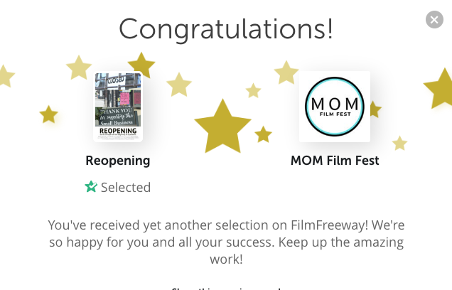 fritchbeetle's tweet photo. #ReopeningShortDoc just got into it's 6th fest!! Yay!!
So delighted to have another project at @MOMFilmFest!
#MOMFilmFest #momsonset #leavenomombehind https://t.co/vTf8kyHNER