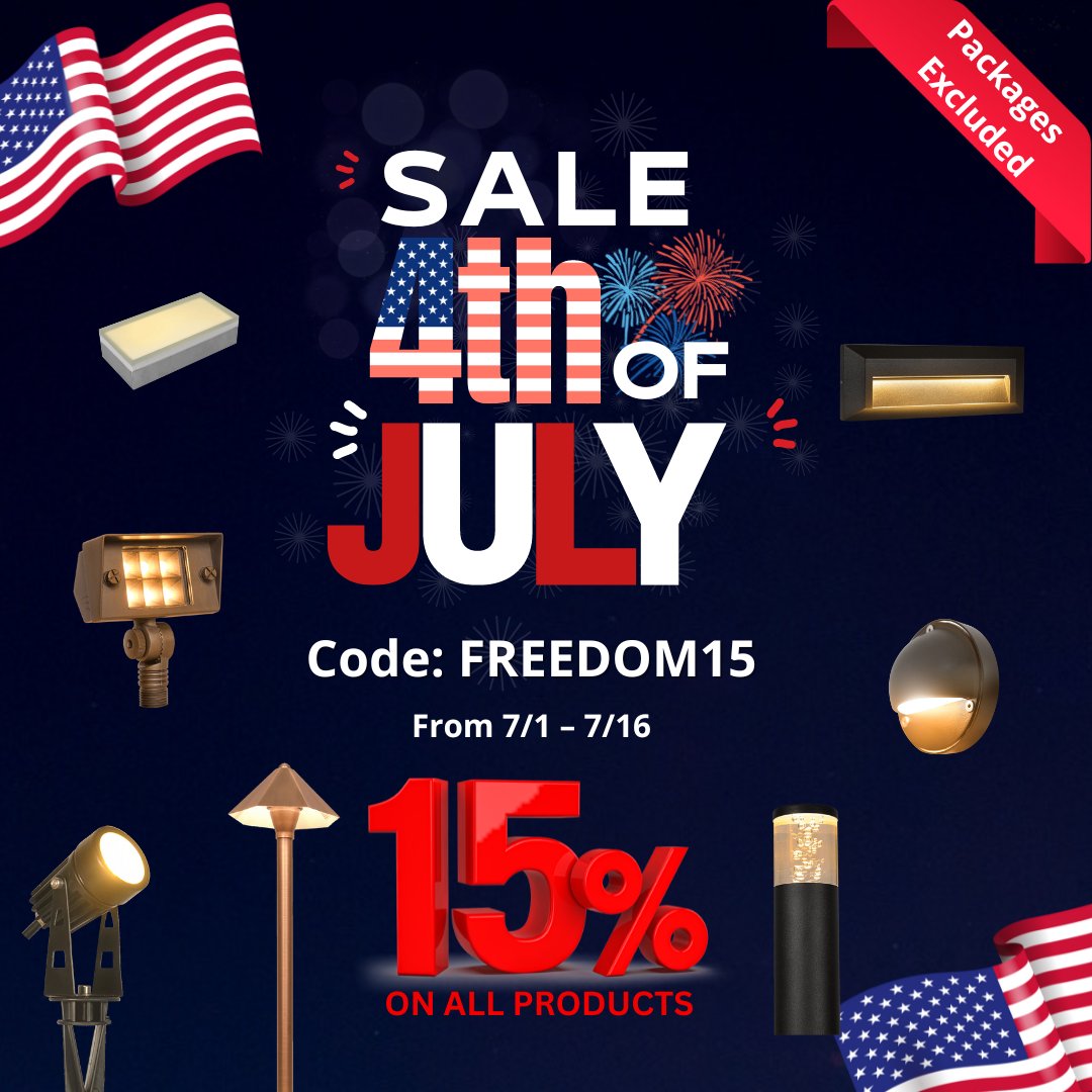 4th of July Sale

15% off all products from 7/1 – 7/16
Code: FREEDOM15

#southernliving #outdoorlighting #spotlight
#gardendesign #gardenliving #california
#sandiegooutdoors  #california
#sandiegooutdoors #landscapelighting #losangeles
#laLA