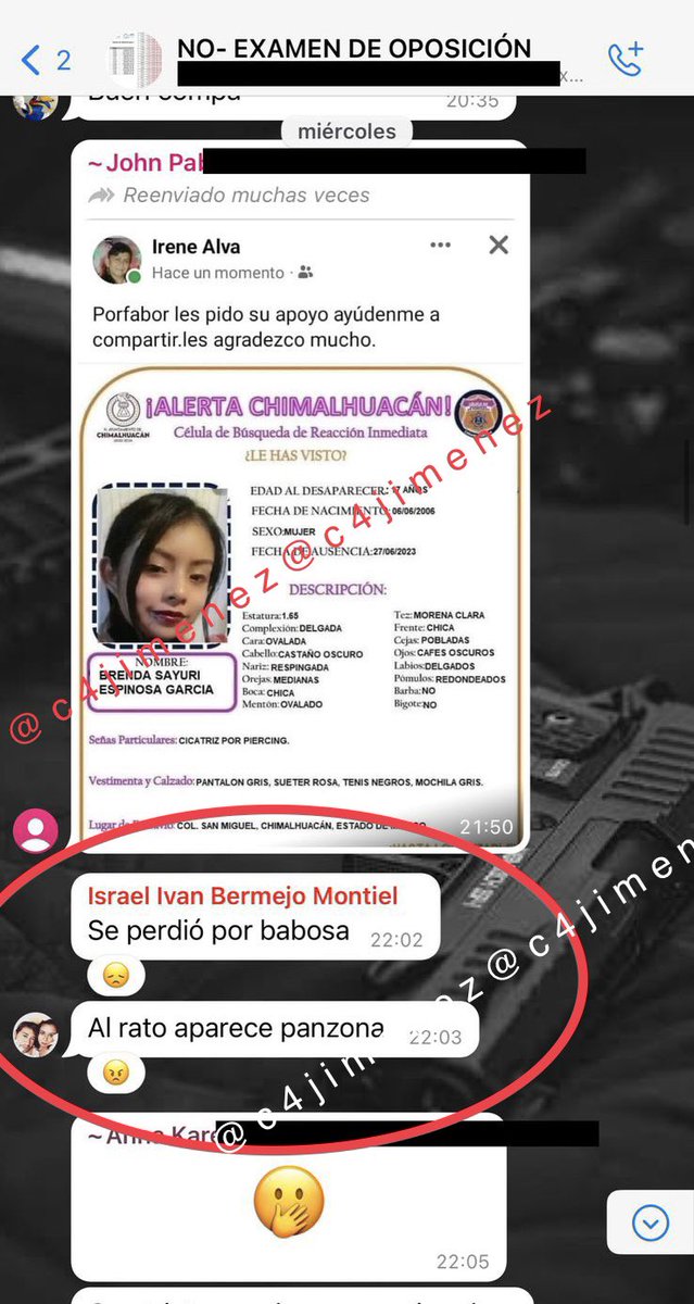 c4jimenez's tweet photo. "AL RATO APARECE PANZONA"
El q escribe así en un grupo de WhatsApp es el agente de @FiscaliaCDMX Israel Ivan Bermejo.
Así respondió cuando alguien pidió ayuda para difundir a una menor desaparecida.
Así las cosas con este @PDI_FGJCDMX 
(El # de tel lo cubrimos, pero lo tenemos) https://t.co/UtviVFcMCO
